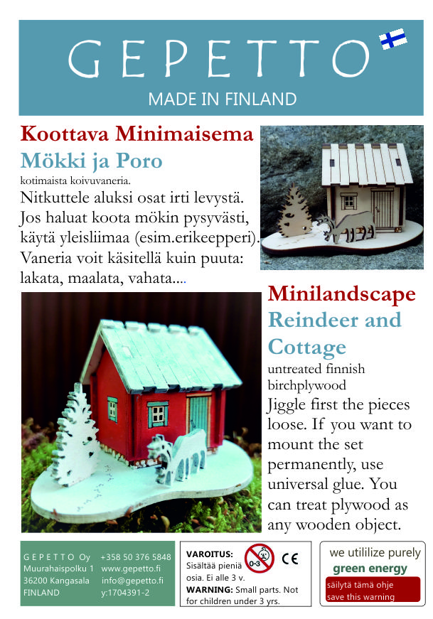 Etiketti ja ohje poro ja mökki korttiin.
