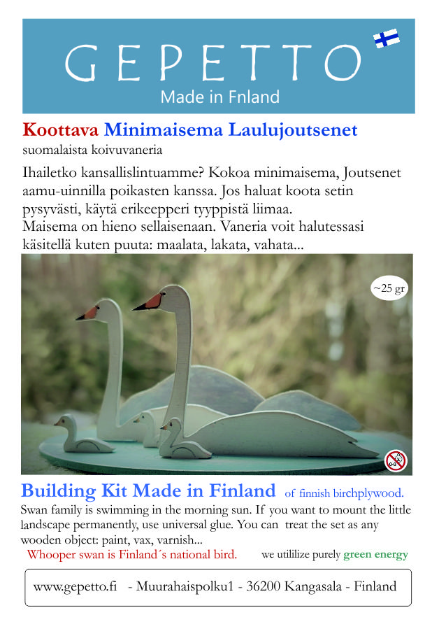 Etiketti ja ohje koottavaan hienoon minimaisemaan jossa joutsenperhe on aamu-uinnilla