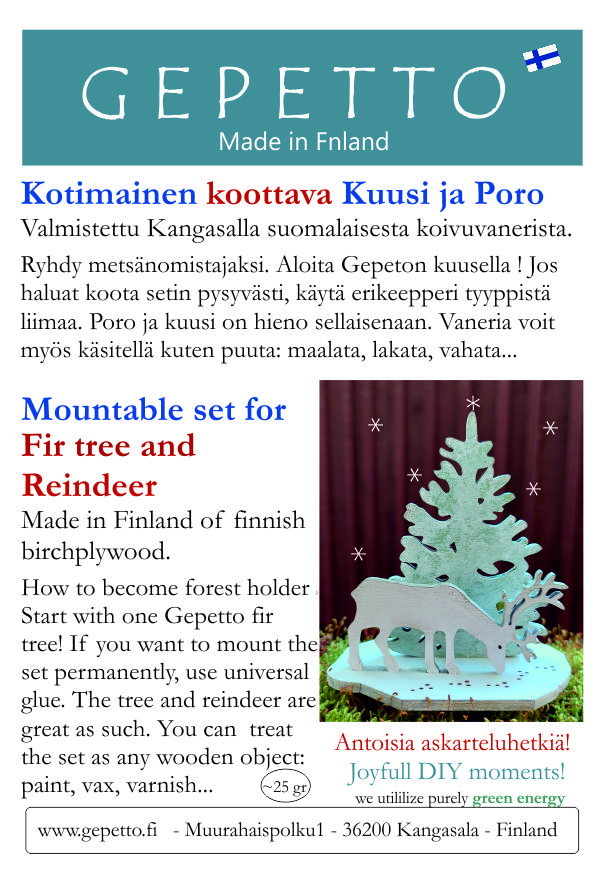 Etiketti ja ohje koottavaan minimaisemaanporo ja kuusi